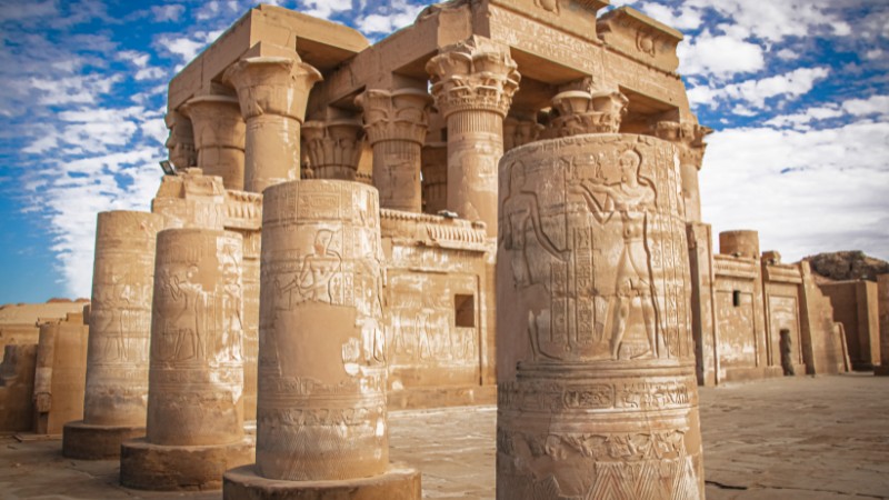 "Ancient columns with hieroglyphics in Philae Temple, Egypt."