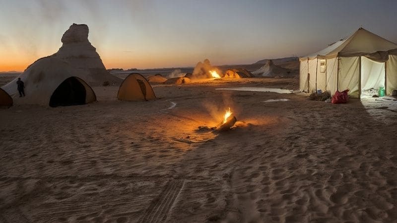 A serene night camping scene in Egypt's White Desert, featuring illuminated tents under a starry sky with dramatic white rock formations in the background