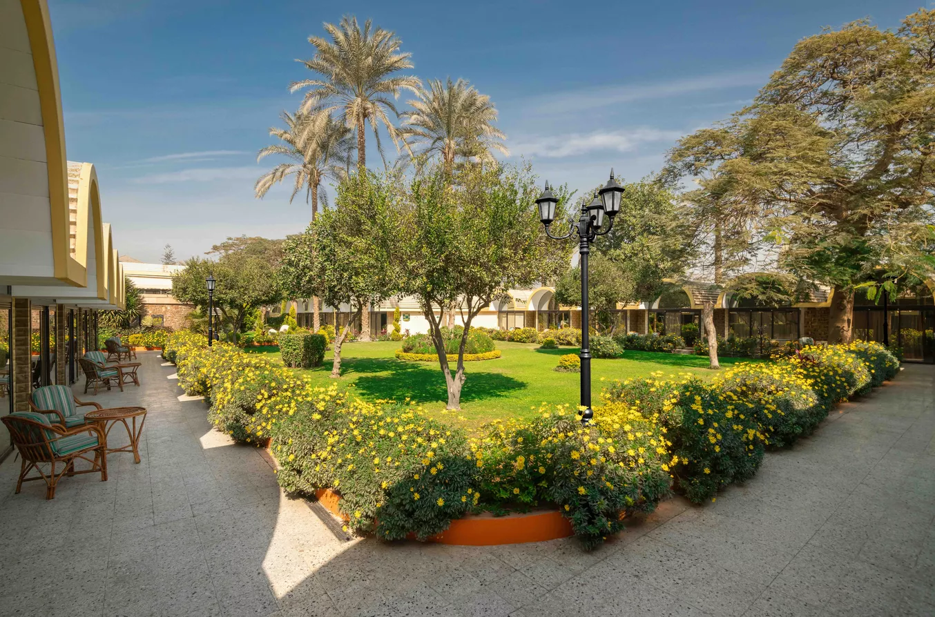 Luxurious Cairo Pyramids Hotel with a view of the pyramids in the background